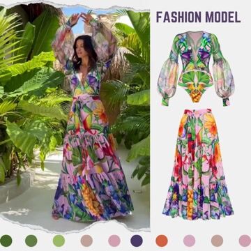 V-neck Long Sleeve Flowers Printed One Piece Swimsuit and Skirt