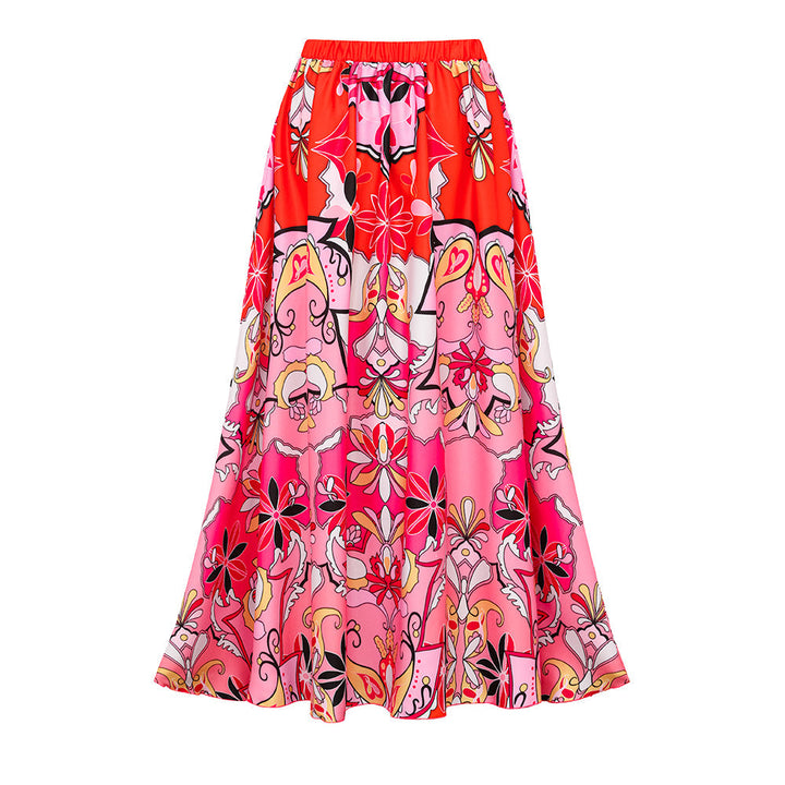 Ruffle Sleeves Red and Pink Pattern One Piece Swimsuit and Skirt