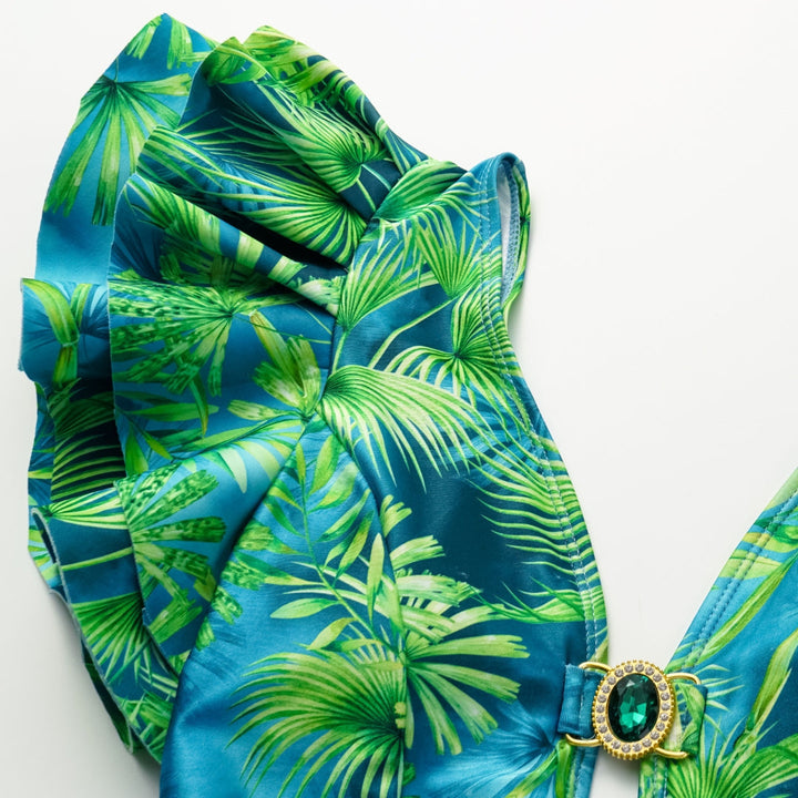 Ruffled Jungle Green Print One Piece  Swimsuit and Skirt