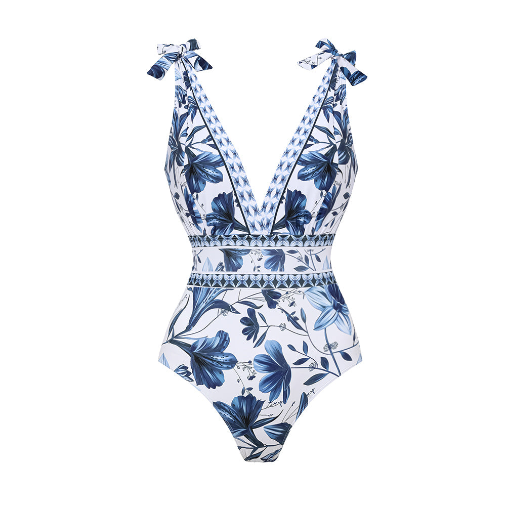 Blue V Neck Lace Up Printed One Piece Swimsuit and Skirt