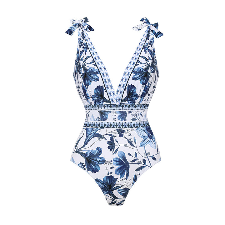 Blue V Neck Lace Up Printed One Piece Swimsuit and Skirt