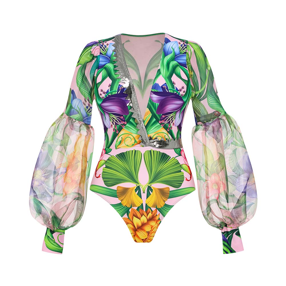 V-neck Long Sleeve Flowers Printed One Piece Swimsuit and Skirt