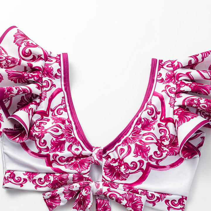 Ruffle Classic Majolica Series Pattern Print Bikini Swimsuit and Skirt or Shorts