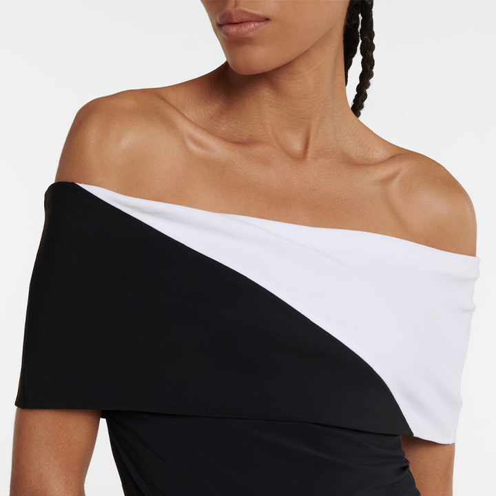 Off Shoulder Color Block One Piece Swimsuit and Skirt