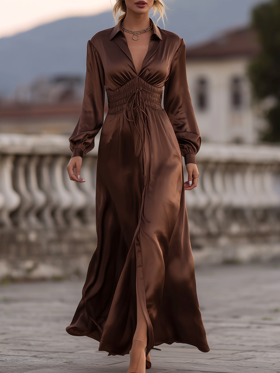 Satin Cinched Waist Maxi Dress In Mocha Brown