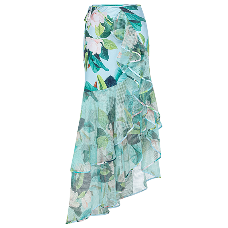 Bow Decor Mangnolia Print One Piece Swimsuit and Skirt