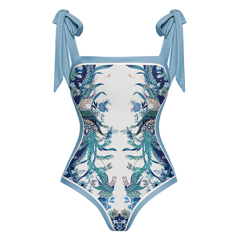 Blue Reversible Bowknot Tie-shoulder One Piece Swimsuit and sarong/Skirt