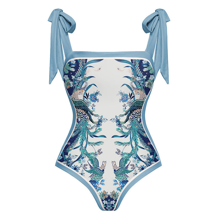 Blue Reversible Bowknot Tie-shoulder One Piece Swimsuit and sarong/Skirt