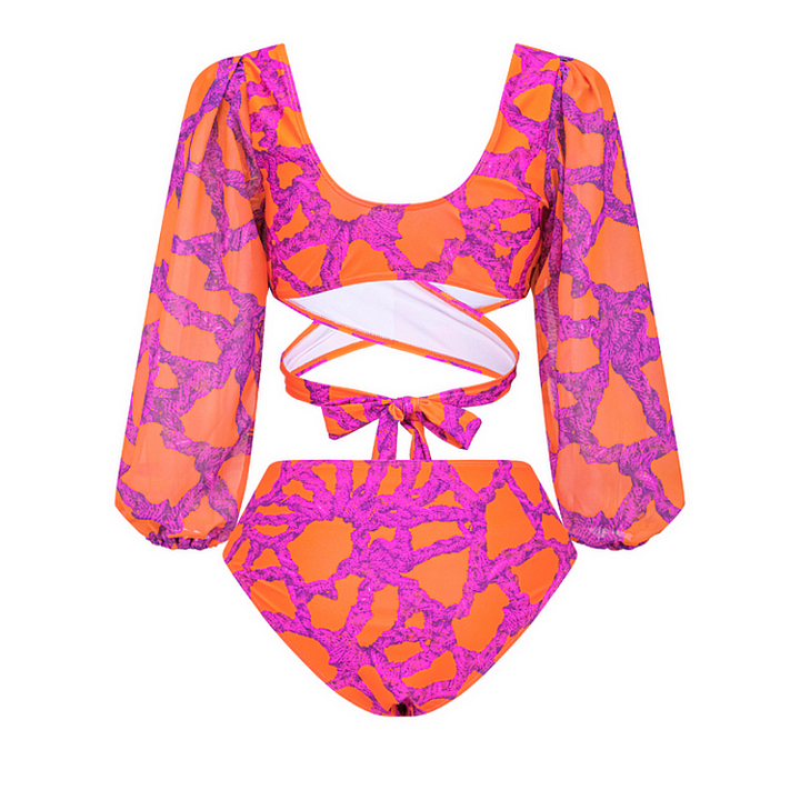 V Neck Net Yarn Long Sleeve Bikini Swimsuit and Skirt