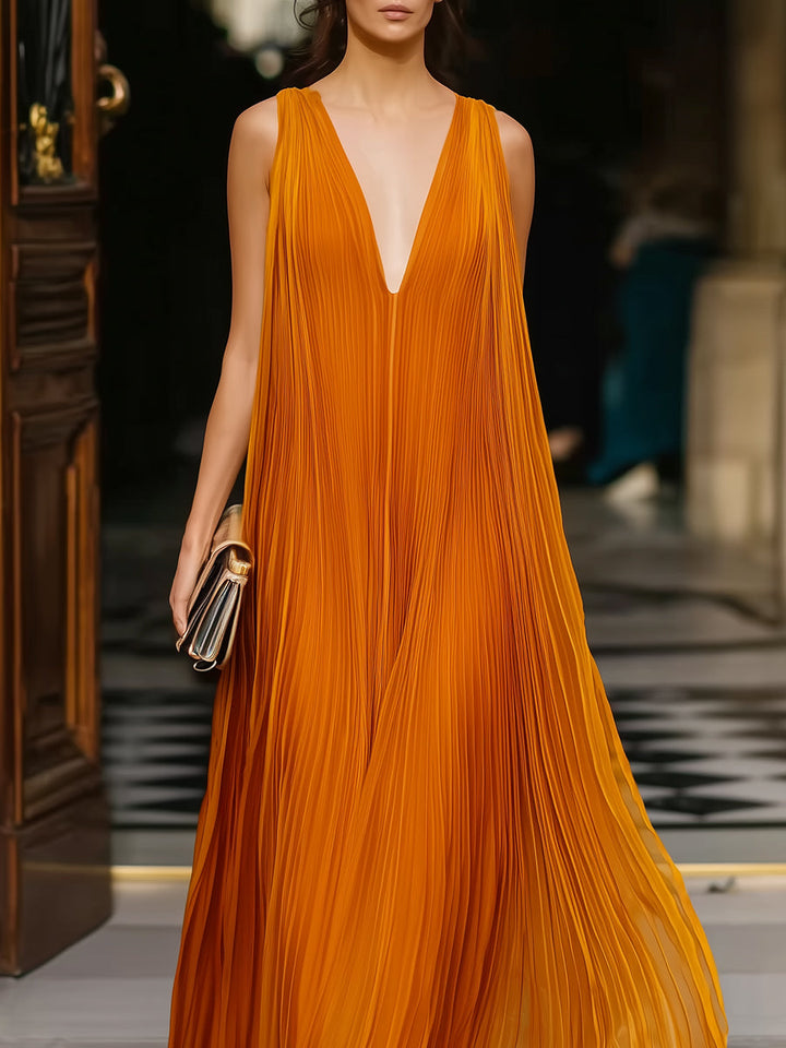 Deep V-Neck Pleated Flowing Maxi Dress