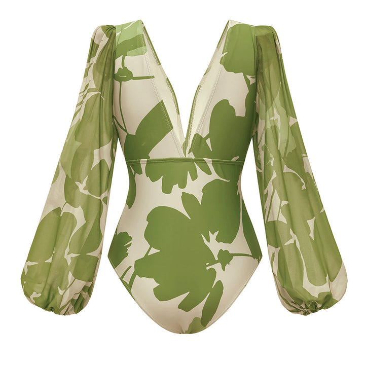 V Neck Long Sleeve Flower Print One Piece Swimsuit and Pants