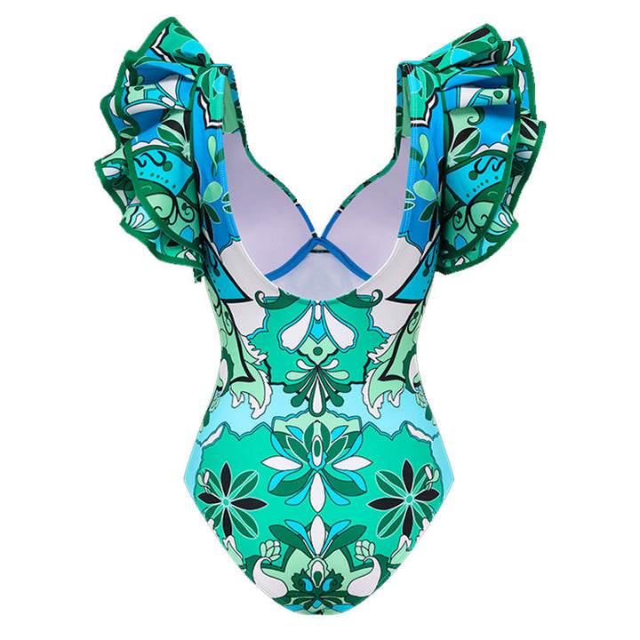 Ruffle Sleeves Blue and Green Pattern One Piece Swimsuit and sarong