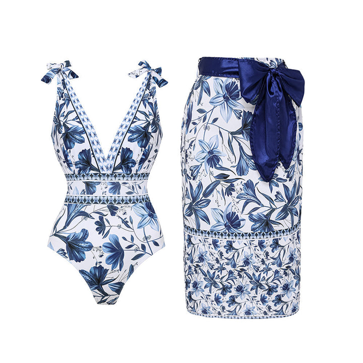 Blue V Neck Lace Up Printed One Piece Swimsuit and Skirt