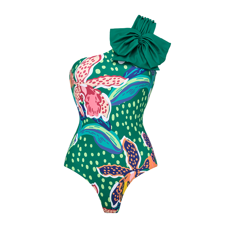 Tropic Printed One Shoulder One Piece Swimsuit and sarong