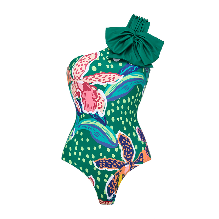 Tropic Printed One Shoulder One Piece Swimsuit and sarong