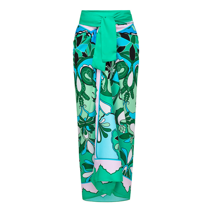 Ruffle Sleeves Blue and Green Pattern One Piece Swimsuit and sarong