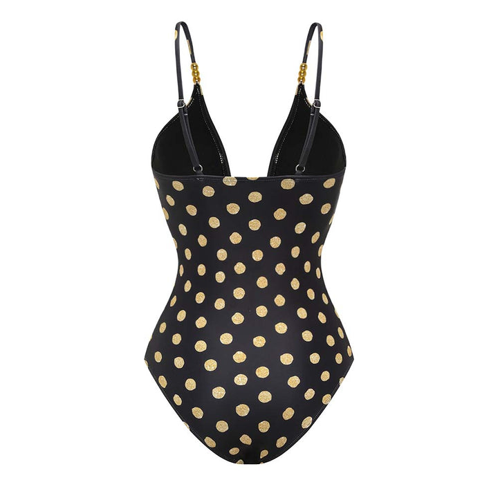 Black and Gold Polka Dots V-neck One Piece Swimsuit and Skirt