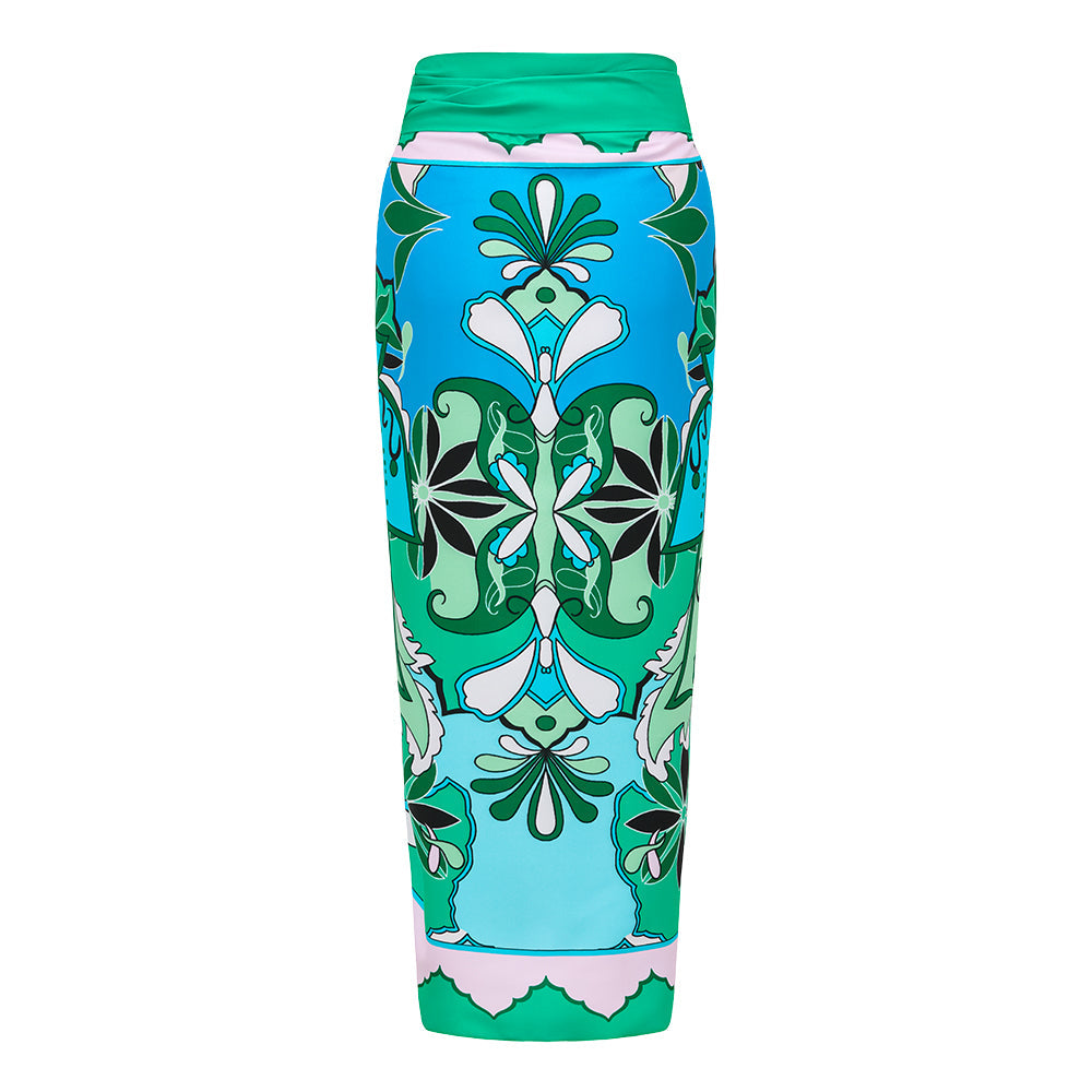Ruffle Sleeves Blue and Green Pattern One Piece Swimsuit and sarong