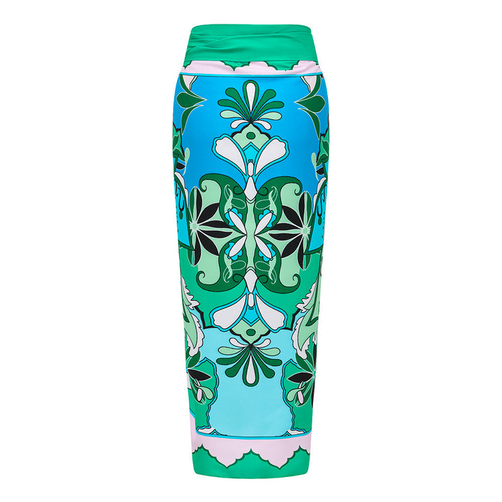 Ruffle Sleeves Blue and Green Pattern One Piece Swimsuit and sarong