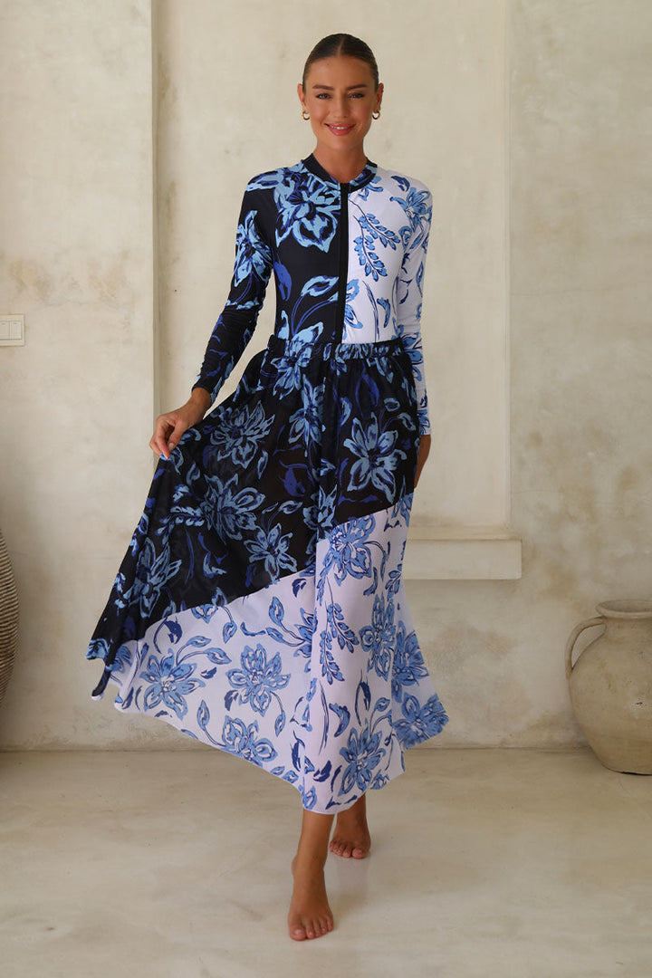 Color Block Printed Long Sleeve One Piece Surf Swimsuit and Skirt