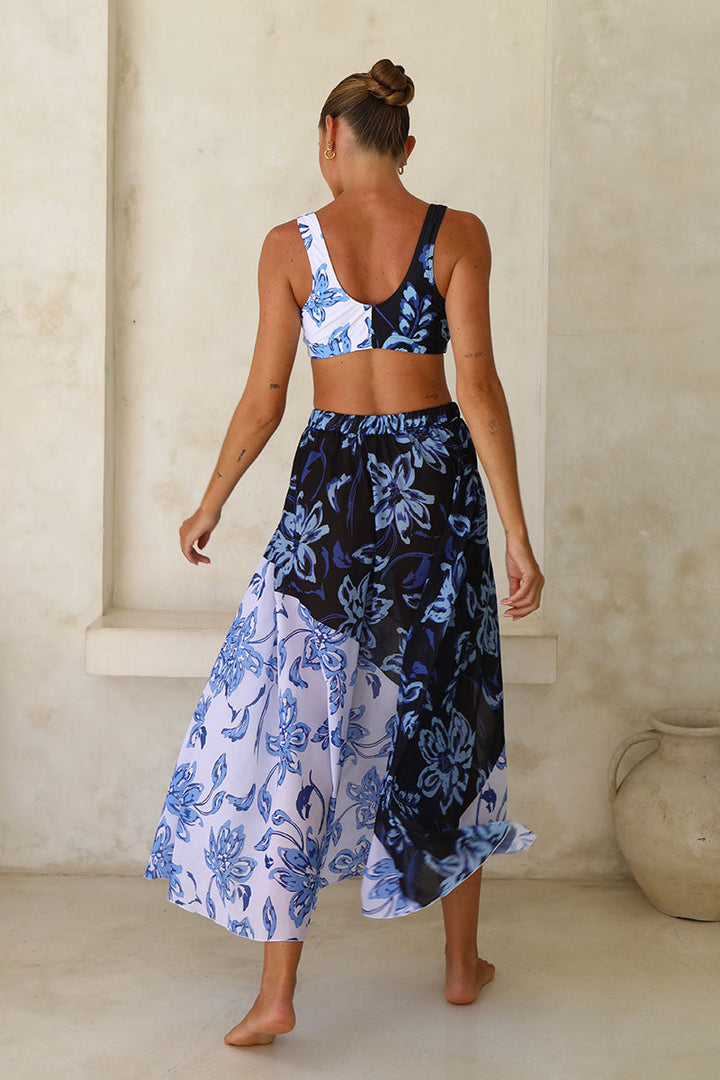 Color Block Printed Long Sleeve One Piece Surf Swimsuit and Skirt