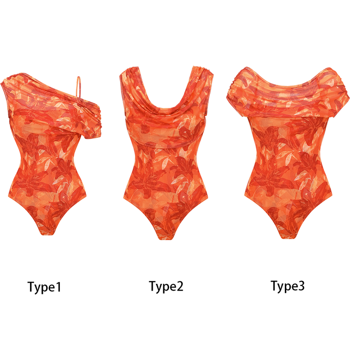 Orange Lily Print One Piece Swimsuit and sarong (Multiple ways to wear)