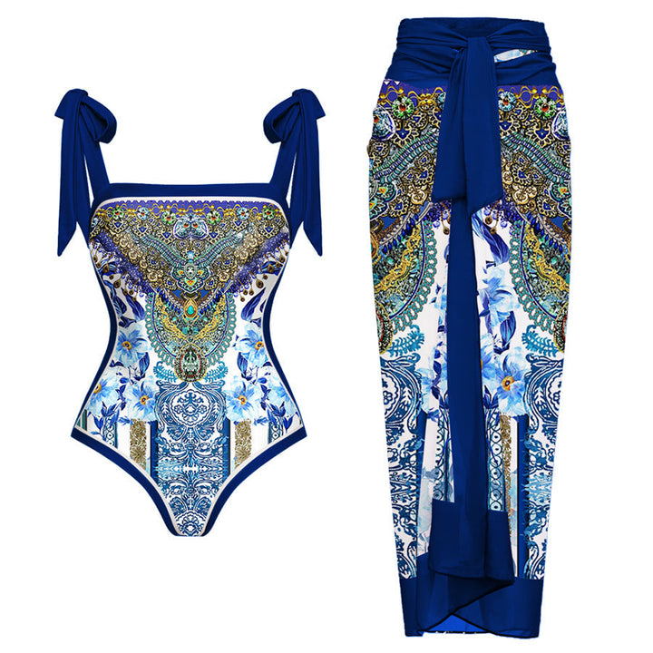 Reversible Tie-shoulder One Piece Swimsuit and sarong
