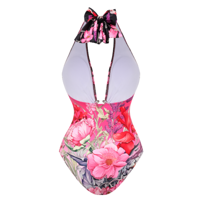 Deep V Neck Halter Printed One Piece Swimsuit and sarong