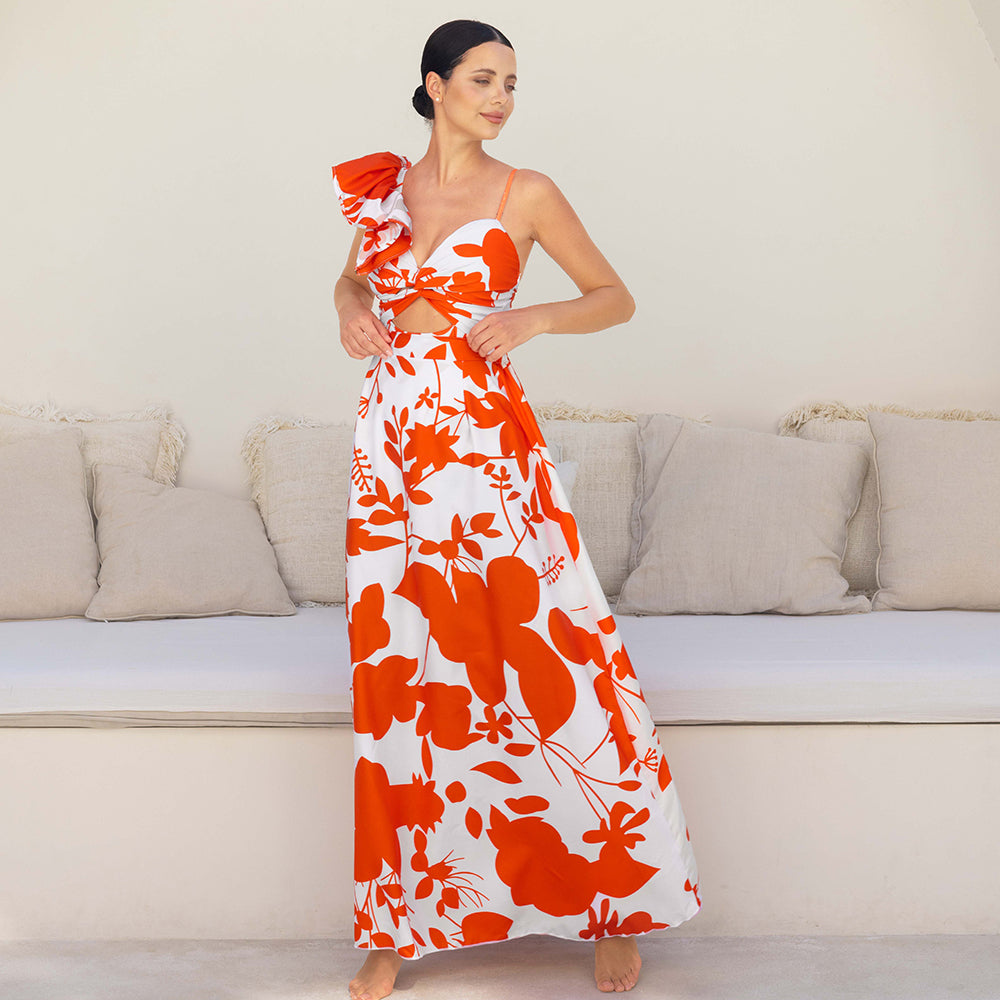 One Shoulder Ruffle Printed One Piece Swimsuit and Skirt