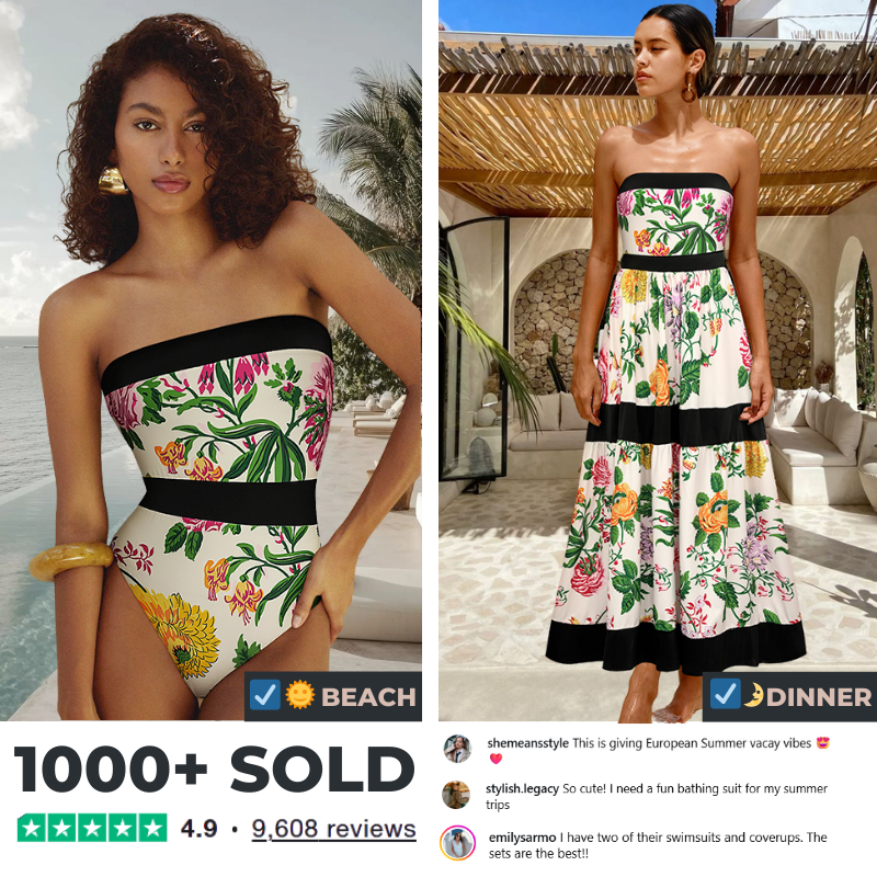 Off Shoulder Back Bow Tie Color Block Printed One Piece Swimsuit and Skirt
