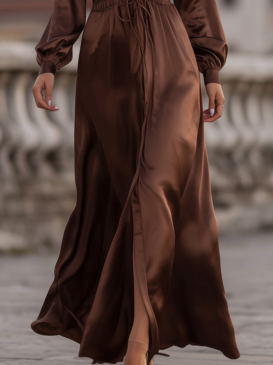 Satin Cinched Waist Maxi Dress In Mocha Brown