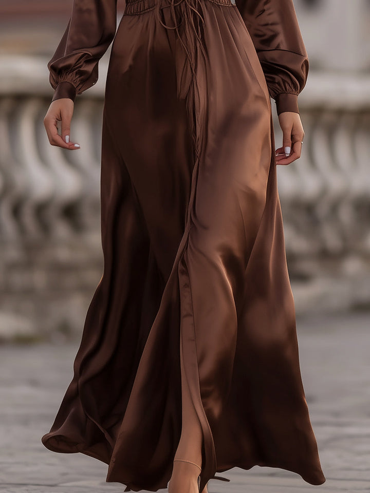 Satin Cinched Waist Maxi Dress In Mocha Brown