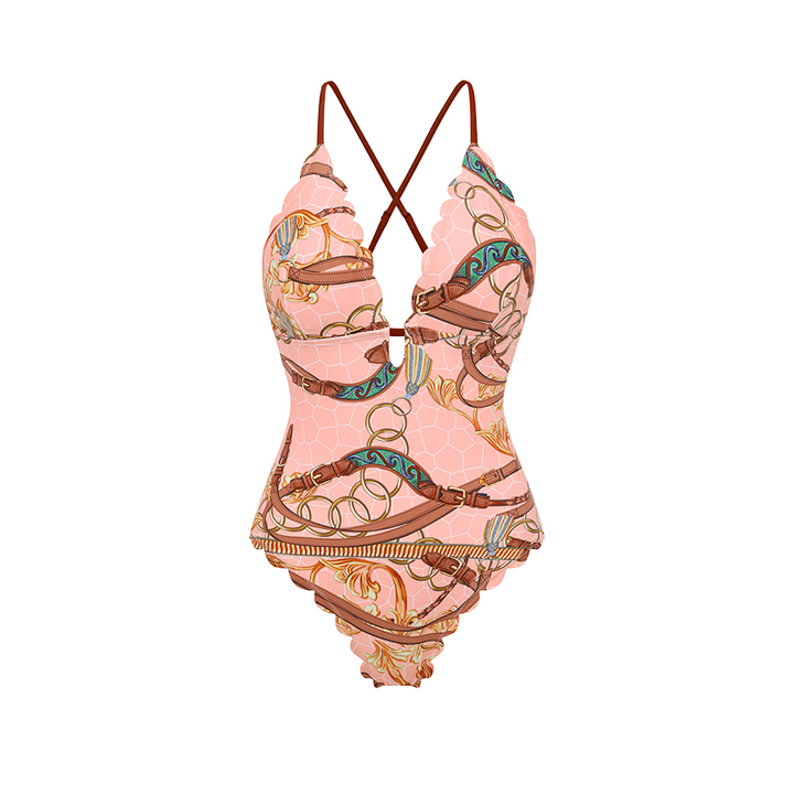 V Neck Lace Printed Swimsuit Set(s)