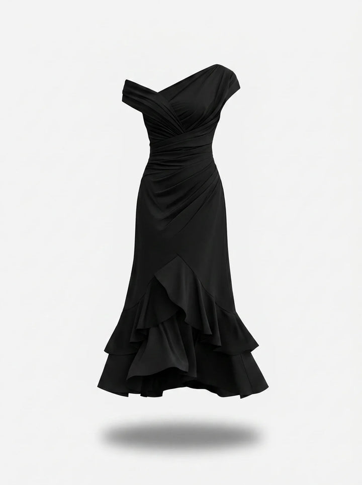 One-Shoulder Ruched Asymmetric Ruffle Hem Maxi Dress