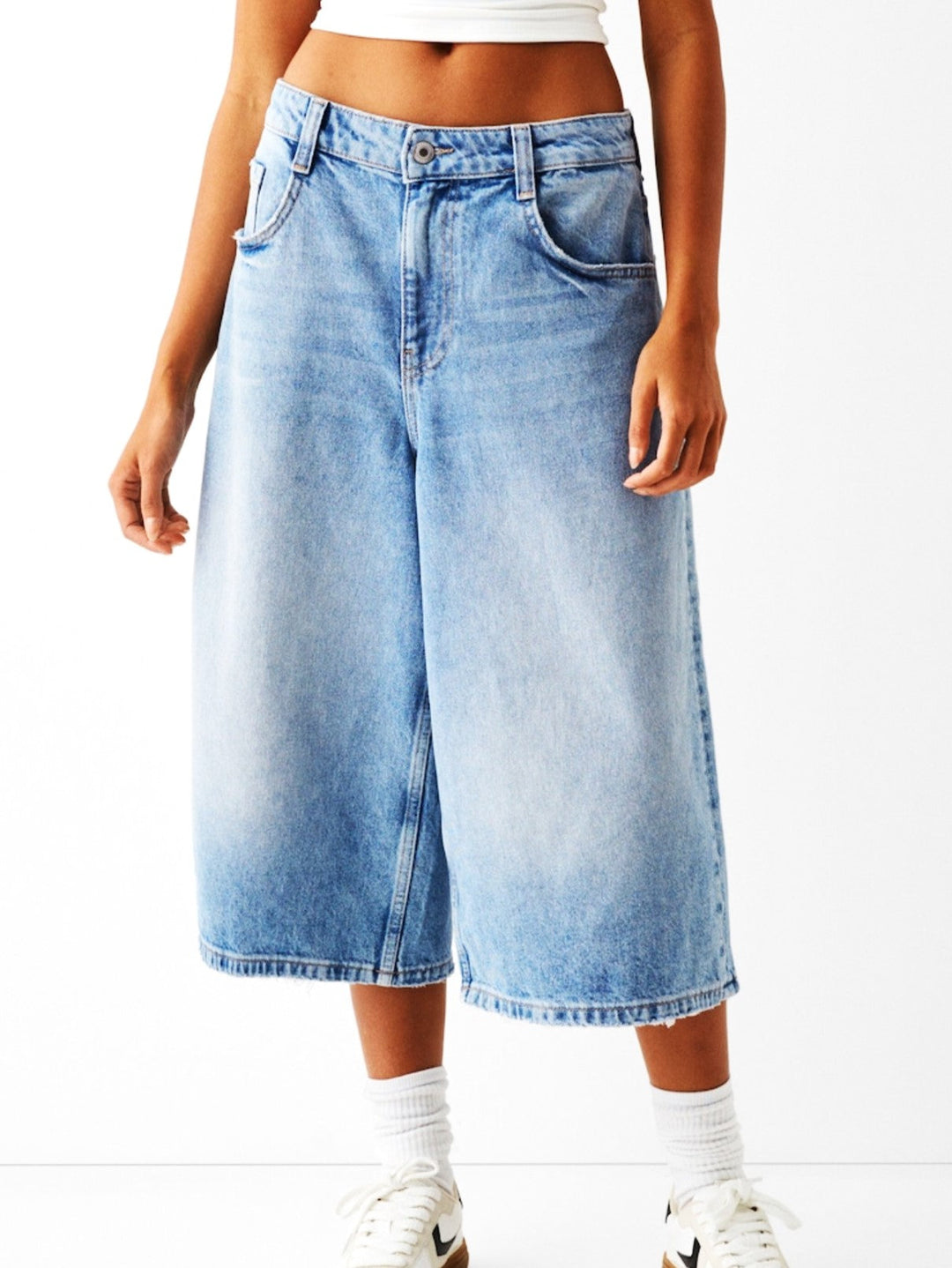 High-Waist Relaxed-Fit Denim Bermuda Shorts