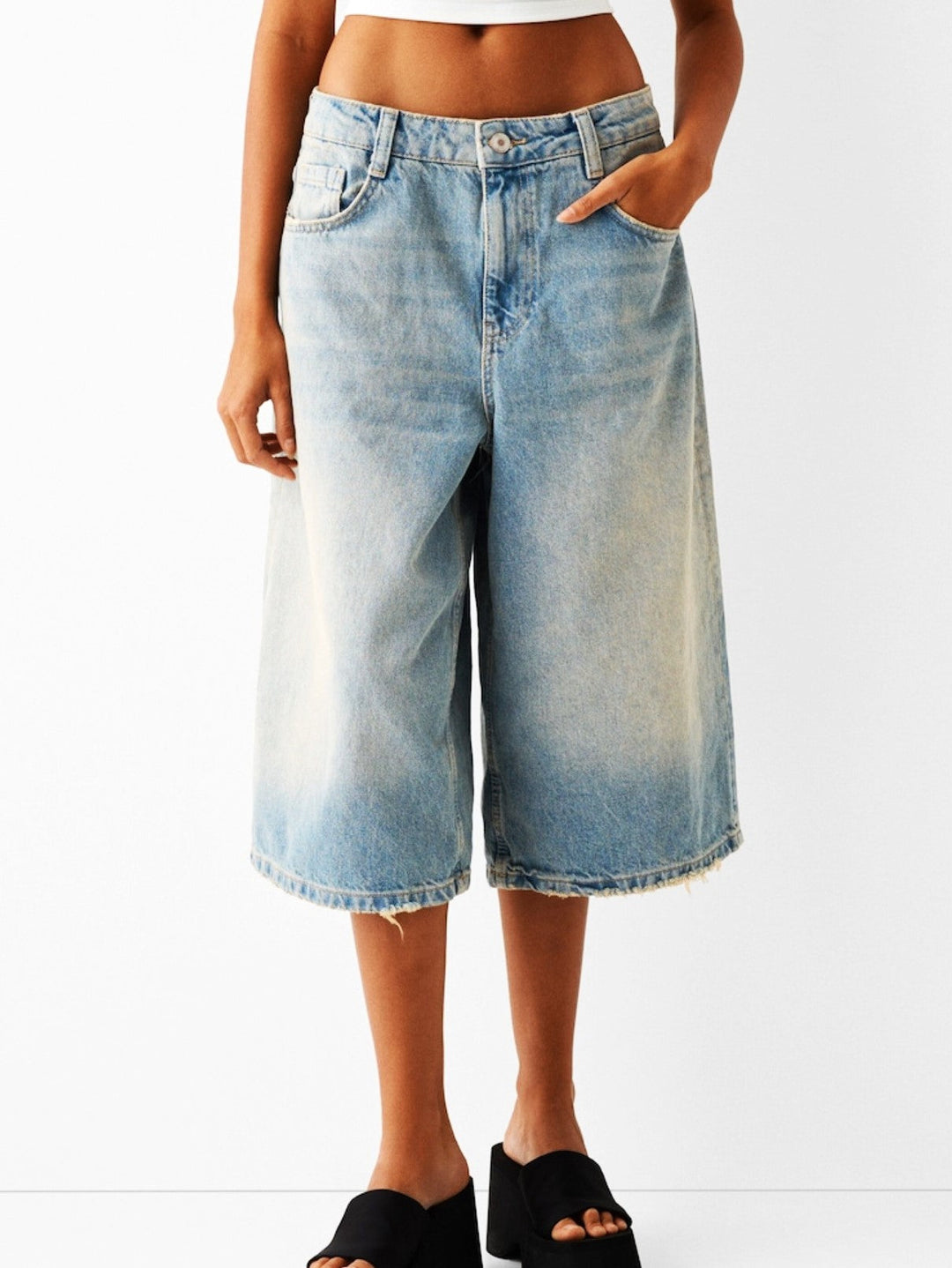 High-Waist Relaxed-Fit Denim Bermuda Shorts
