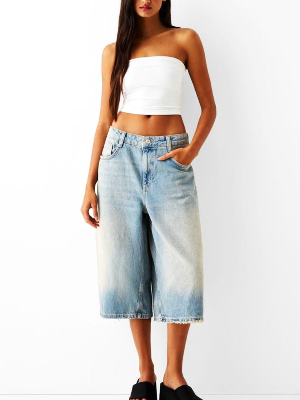 High-Waist Relaxed-Fit Denim Bermuda Shorts