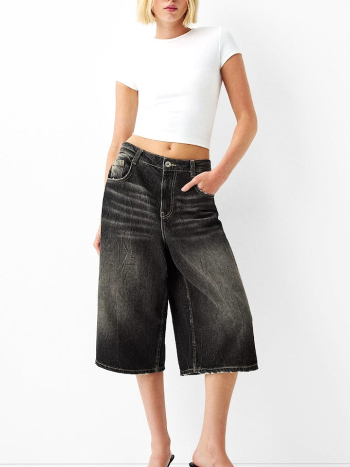 High-Waist Relaxed-Fit Denim Bermuda Shorts