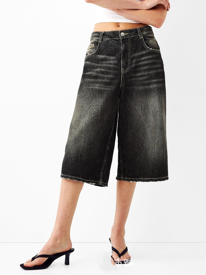 High-Waist Relaxed-Fit Denim Bermuda Shorts