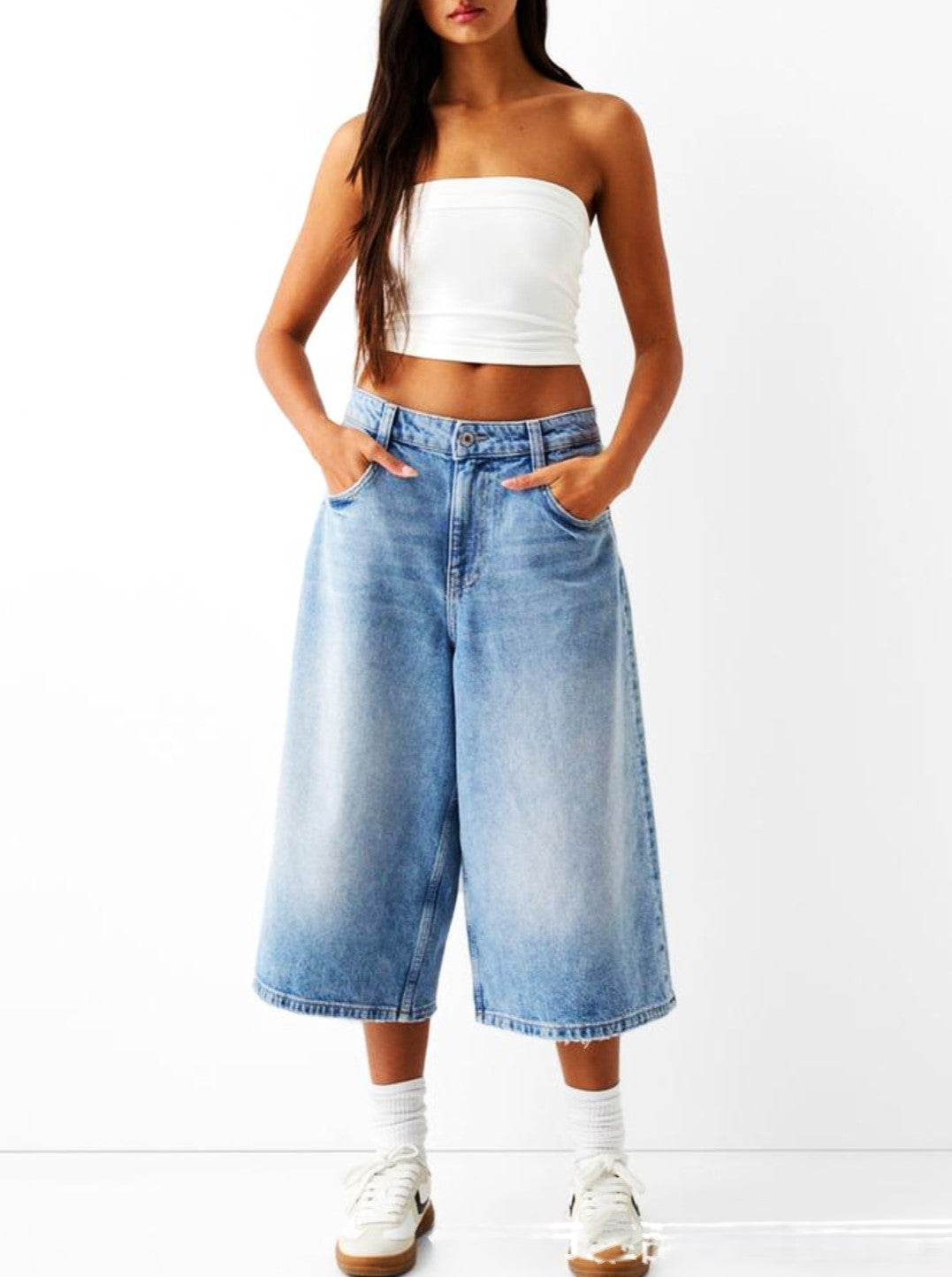 High-Waist Relaxed-Fit Denim Bermuda Shorts
