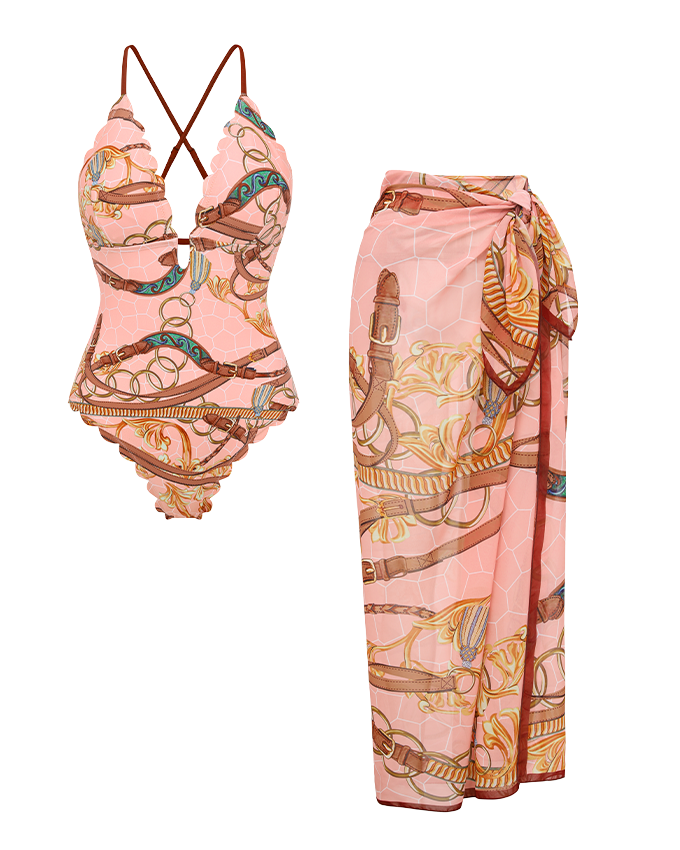 V Neck Lace Printed Swimsuit Set(s)
