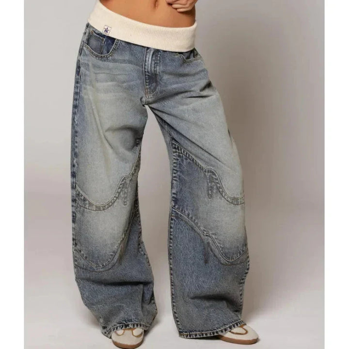 Effortless Light Blue Denim Wide Leg Jeans for Women with Ribbed Knit Waistband Low Rise Baggy Relaxed Style