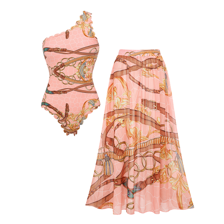 One Shoulder Lace Printed Swimsuit Set(s)