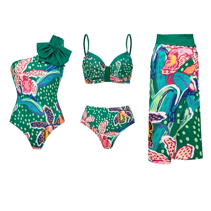 Tropic Printed One Shoulder One Piece Swimsuit and sarong